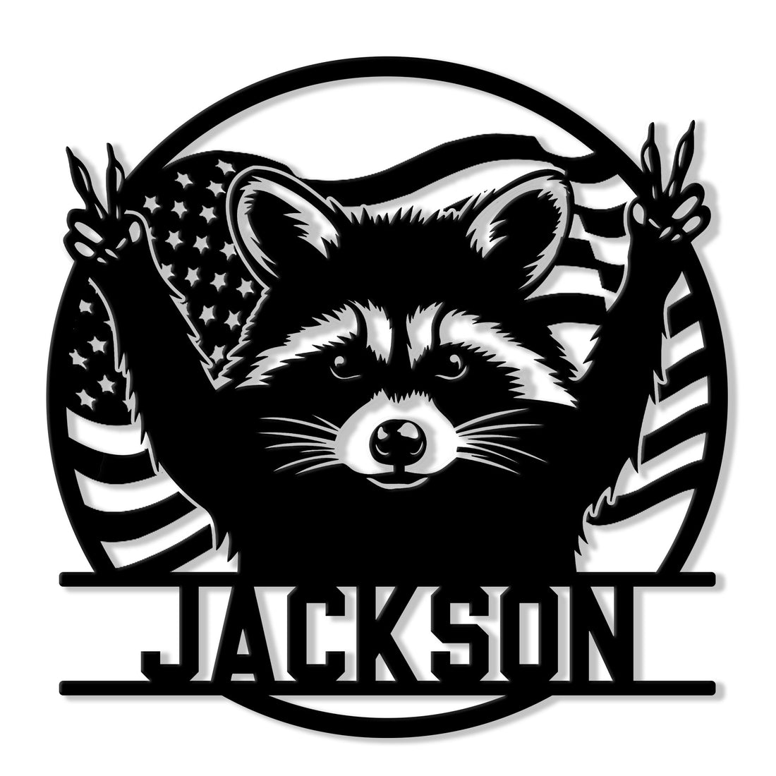 Custom raccoon metal sign featuring a bold black-and-white raccoon with patriotic stars and stripes