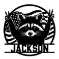 Custom raccoon metal sign featuring a bold black-and-white raccoon with patriotic stars and stripes