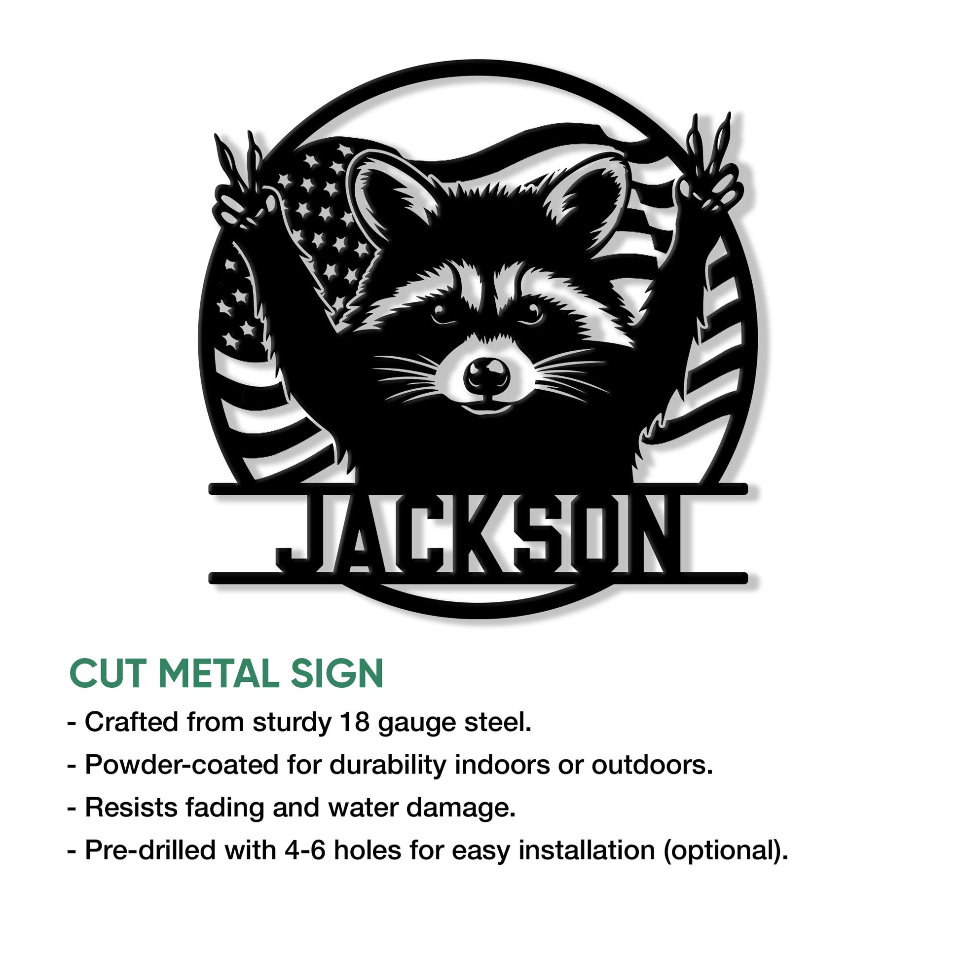 Feature graphic showing a custom raccoon wall sign with an American flag design and cut metal styling