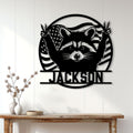 Patriotic raccoon metal sign displayed on a light wood-paneled wall above a console table