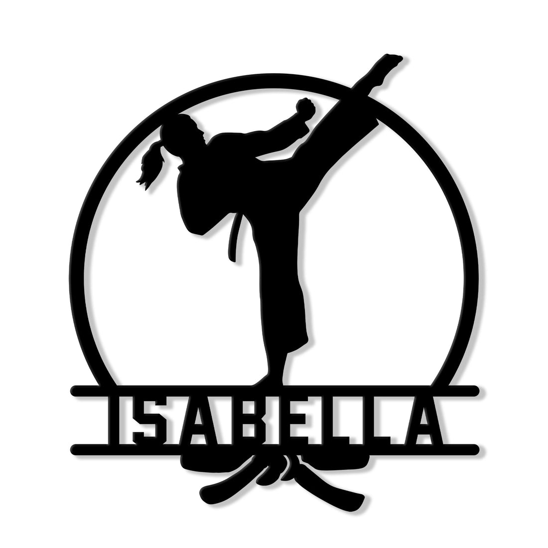 Custom karate metal sign featuring a martial artist silhouette performing a high kick inside a circular frame