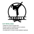 Karate kick metal sign feature graphic showing the cut steel wall decor design and product details