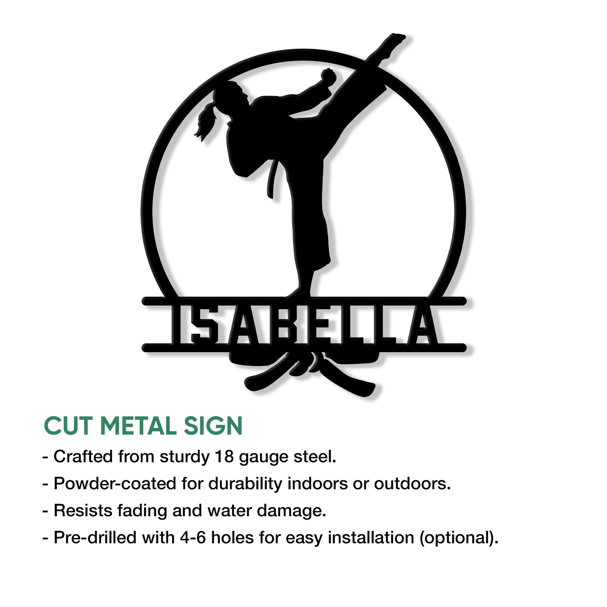 Karate kick metal sign feature graphic showing the cut steel wall decor design and product details