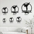 Karate kick metal sign shown in multiple size options above a living room sofa