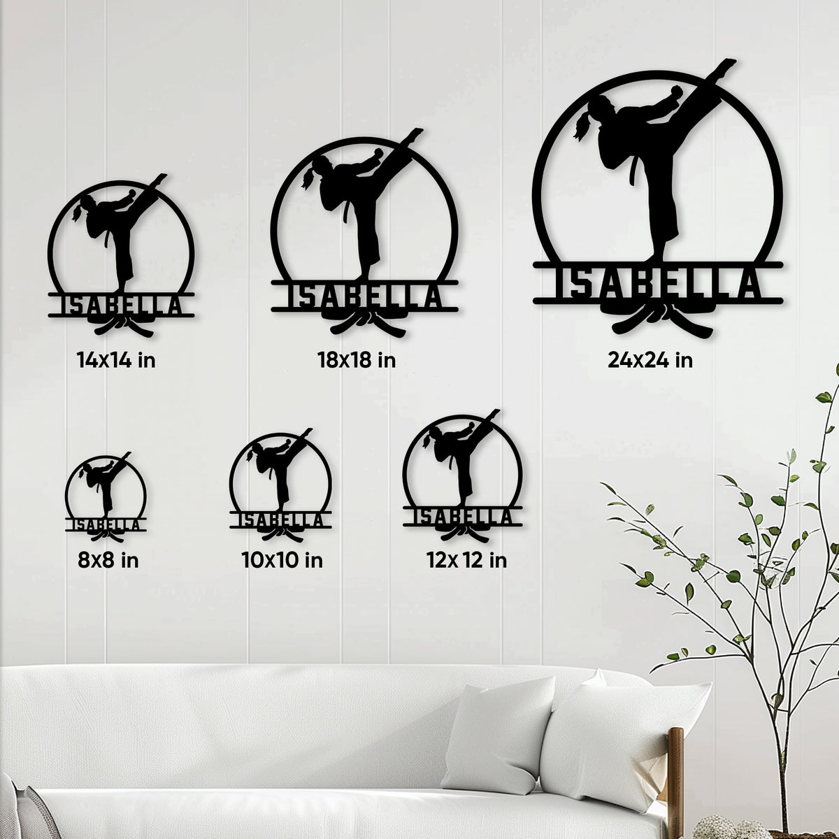 Karate kick metal sign shown in multiple size options above a living room sofa