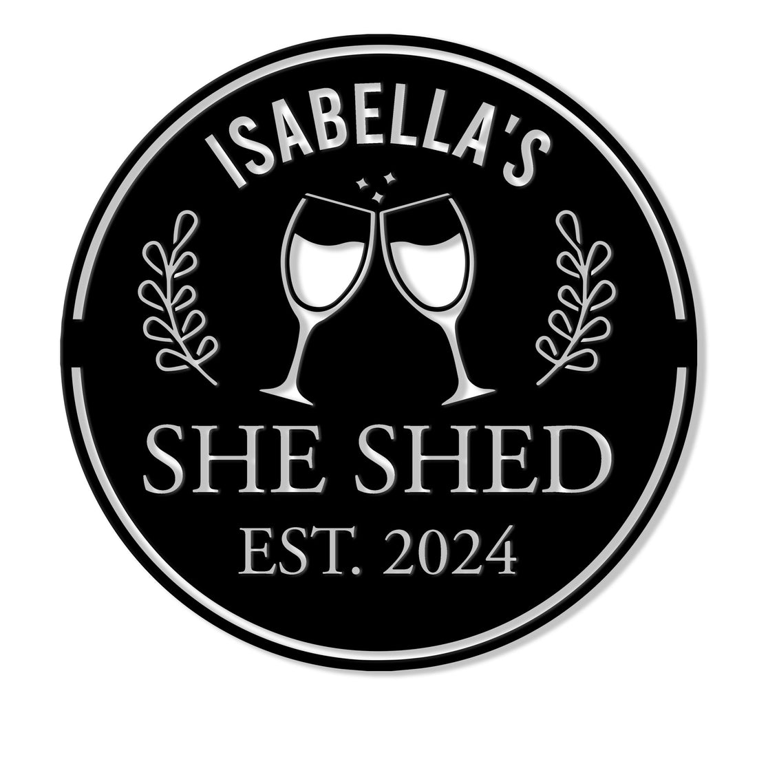 Custom She Shed metal sign with clinking wine glasses and botanical accents