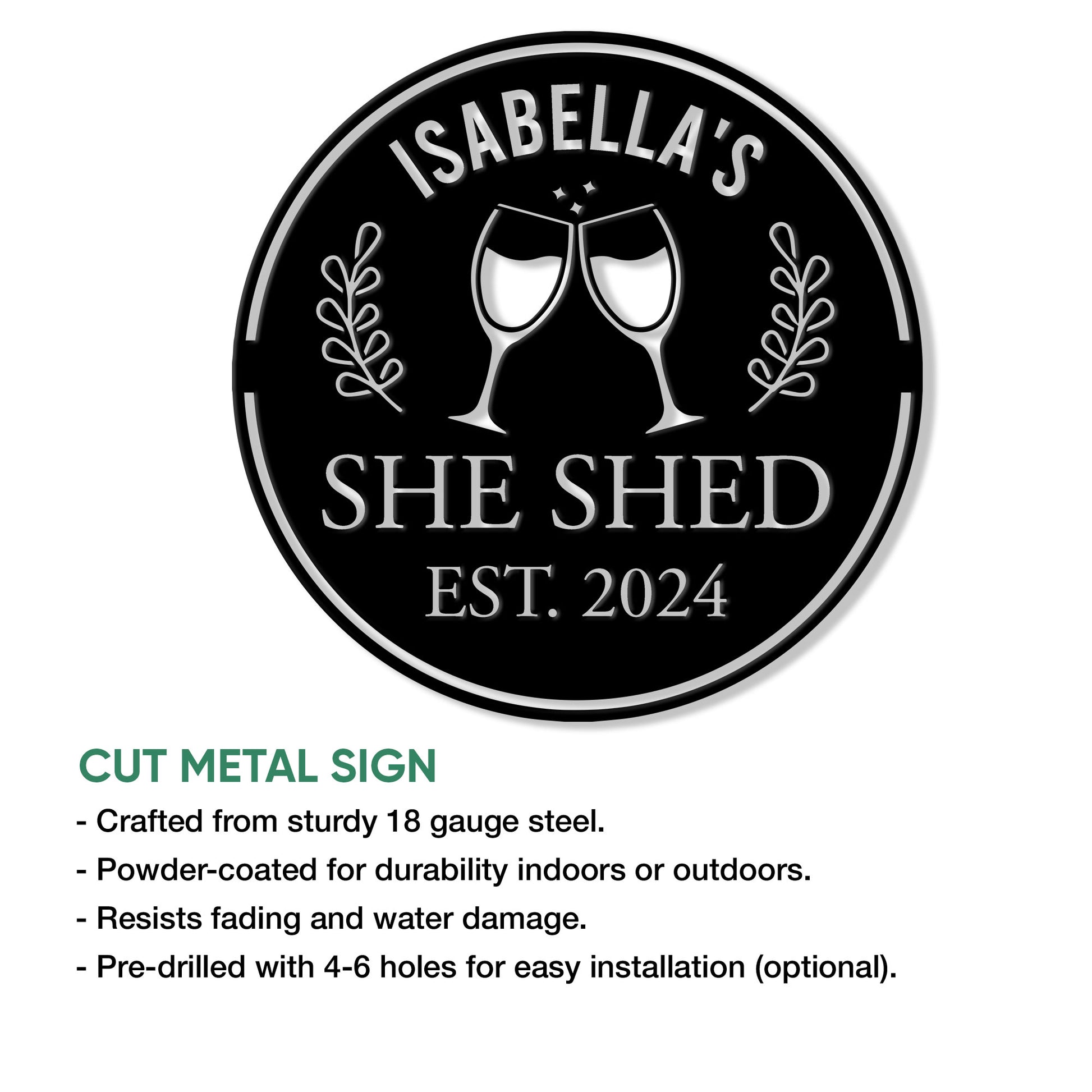 Round cut-metal She Shed sign featuring wine glasses and a bold black design