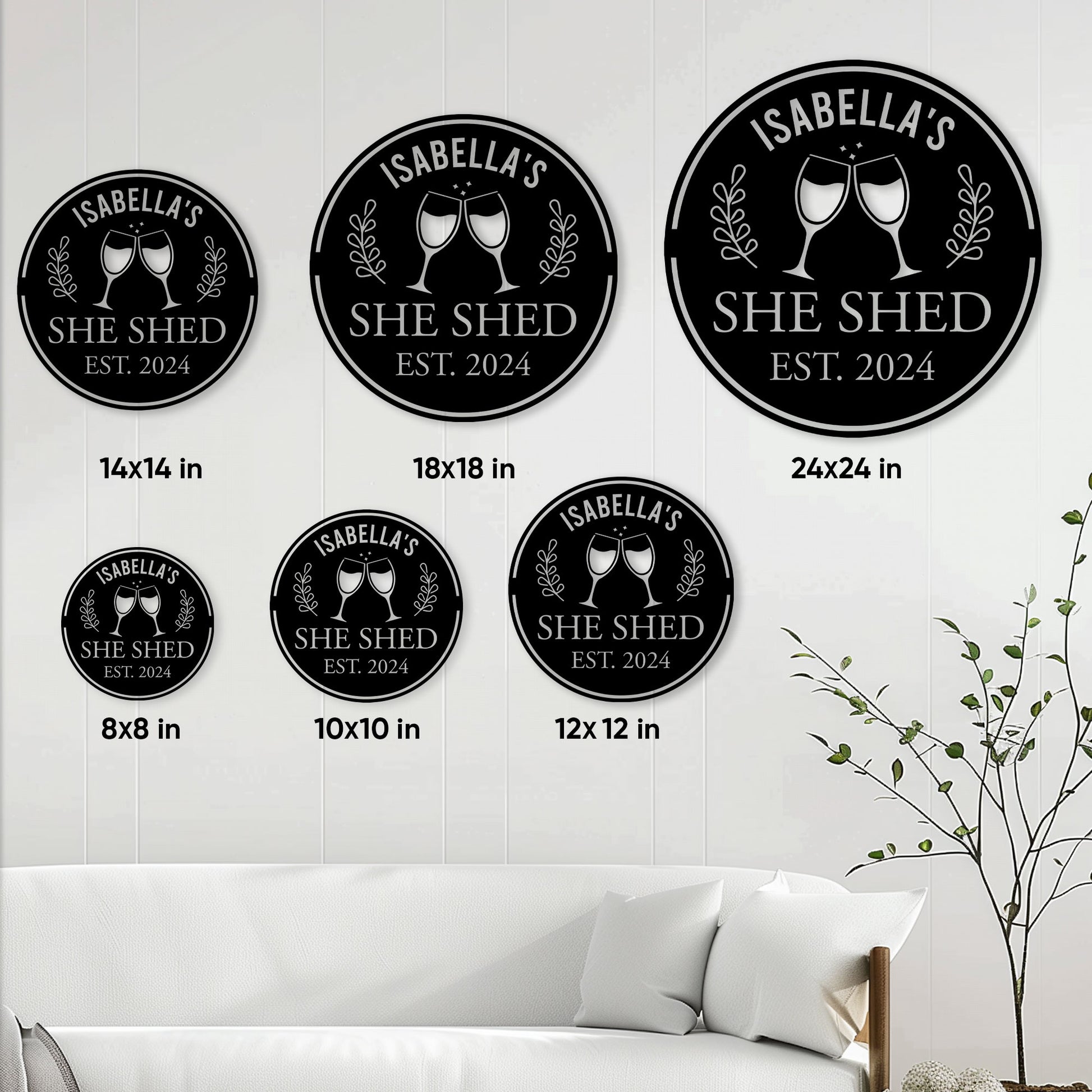 She Shed metal sign size guide showing round options from 8 to 24 inches