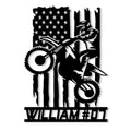 Custom motocross metal sign featuring a dirt bike rider jumping against a bold American flag backdrop