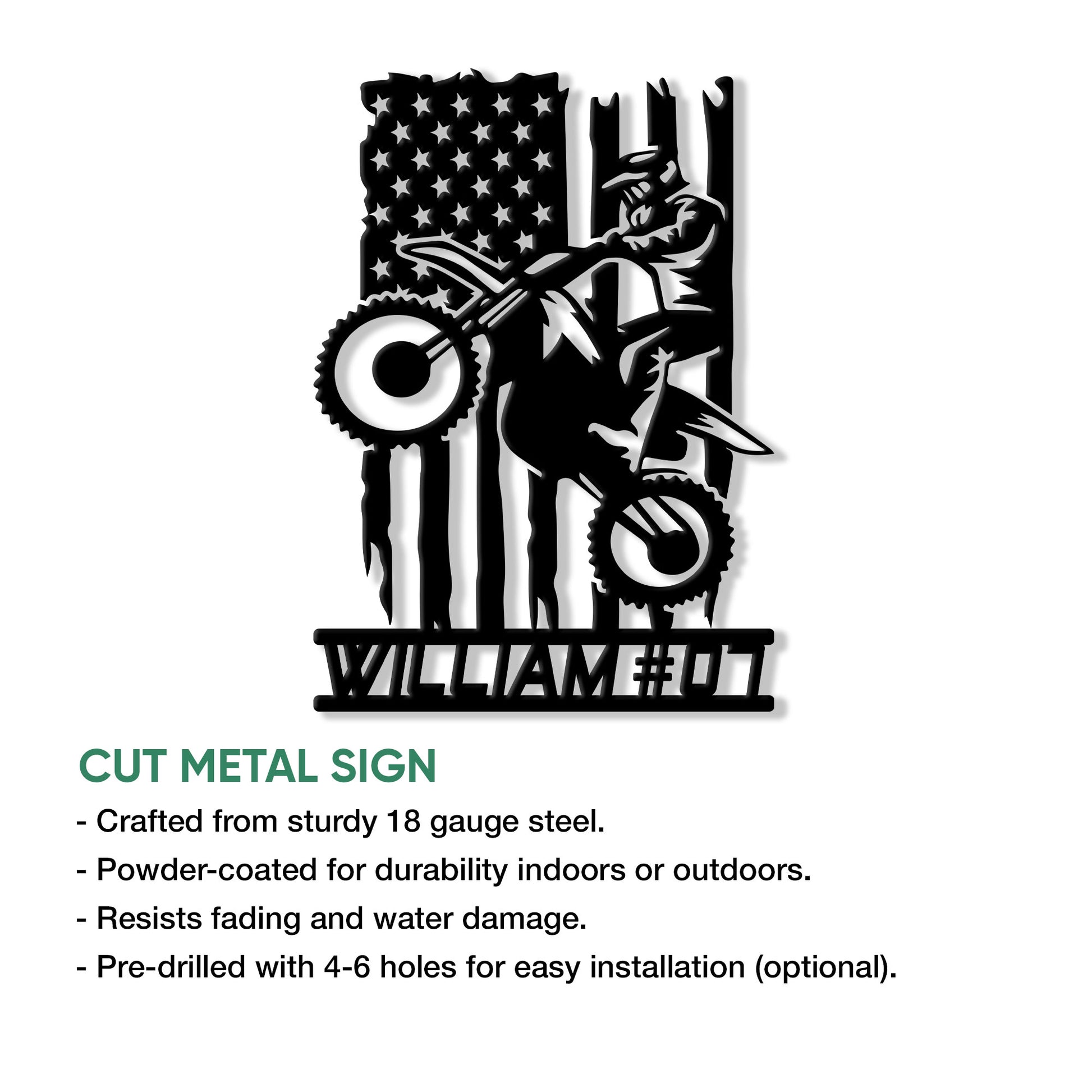 Motocross rider metal sign shown with cut-metal product details and an action-focused dirt bike design