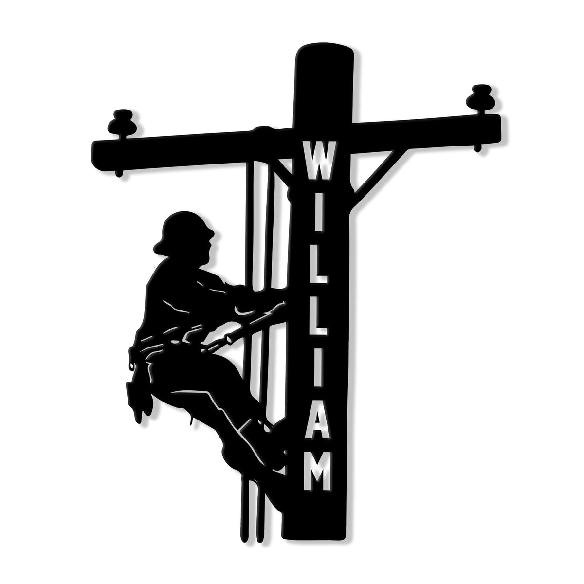 Custom lineman metal sign featuring a utility worker climbing a power pole silhouette