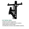Lineman cut metal sign shown with product construction and mounting feature information