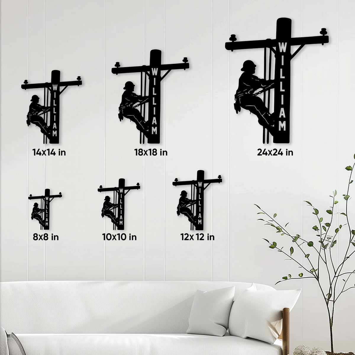 Lineman metal sign size guide showing six available square size options in a room setting