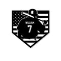 Custom baseball metal sign featuring a batter silhouette, crossed bat, American flag design, and shield-shaped outline