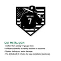 Baseball player metal sign shown with a cut metal sign feature infographic and bold black-and-white artwork