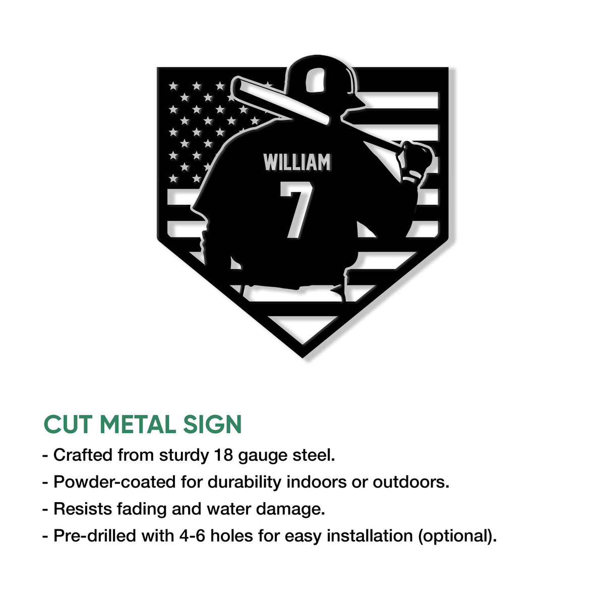 Baseball player metal sign shown with a cut metal sign feature infographic and bold black-and-white artwork
