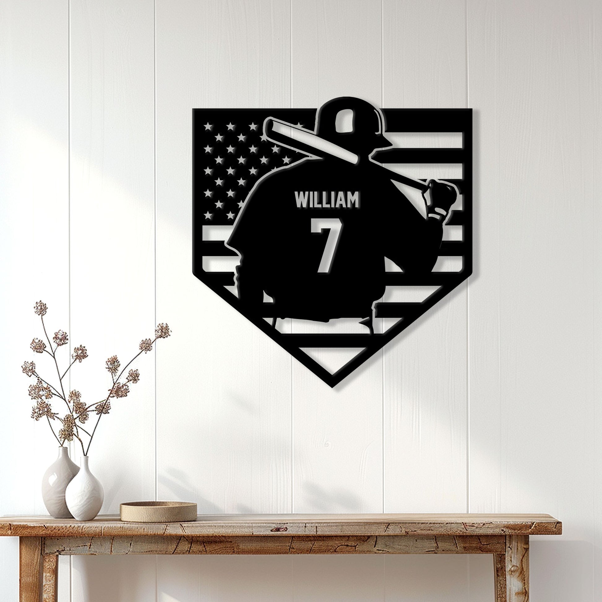 Baseball batter wall sign displayed on a bright paneled wall above a wood console table