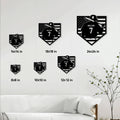 Baseball metal sign size guide showing multiple square size options styled above a living room sofa