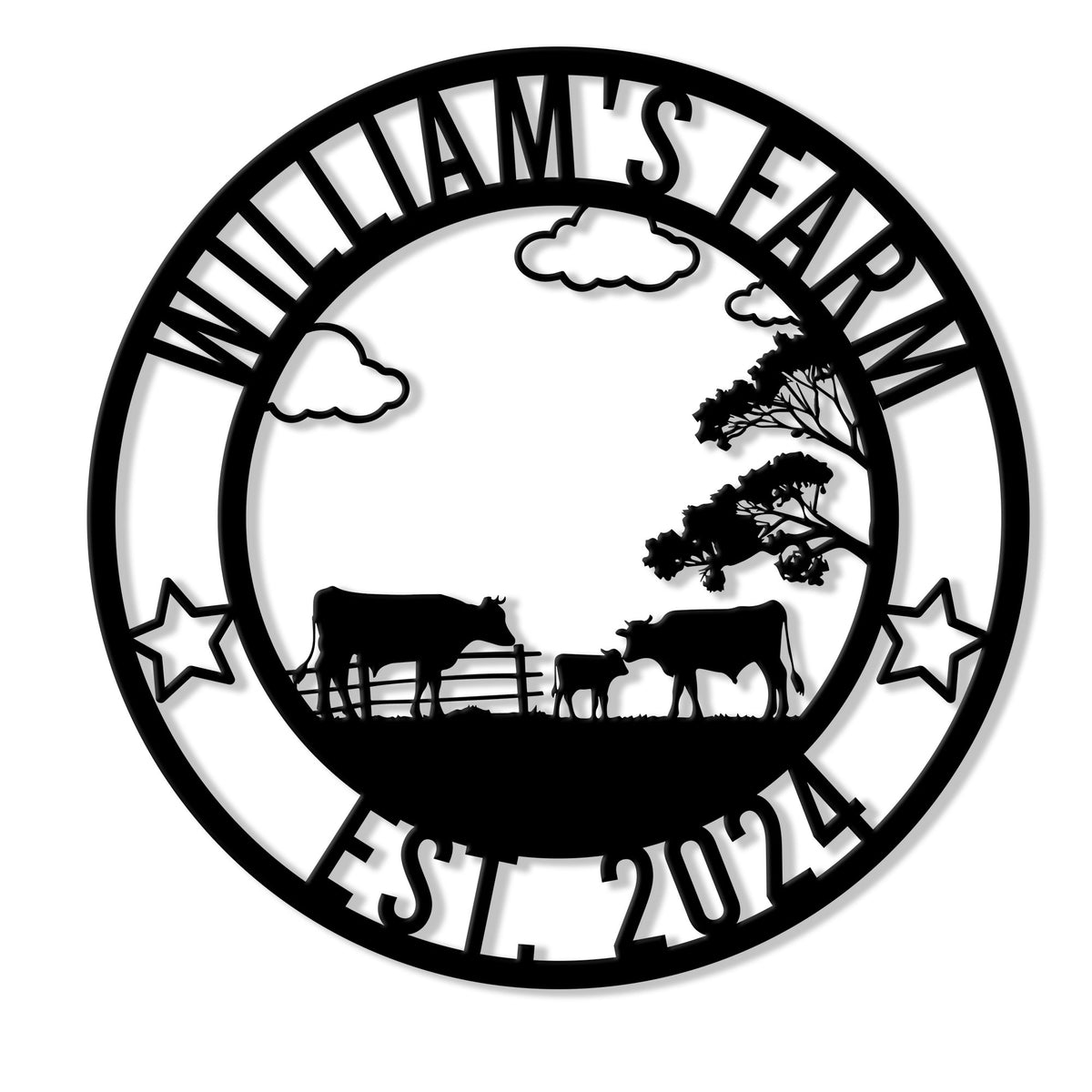 Circular cow farm metal sign featuring cattle silhouettes, pasture fencing, trees, clouds, and star accents