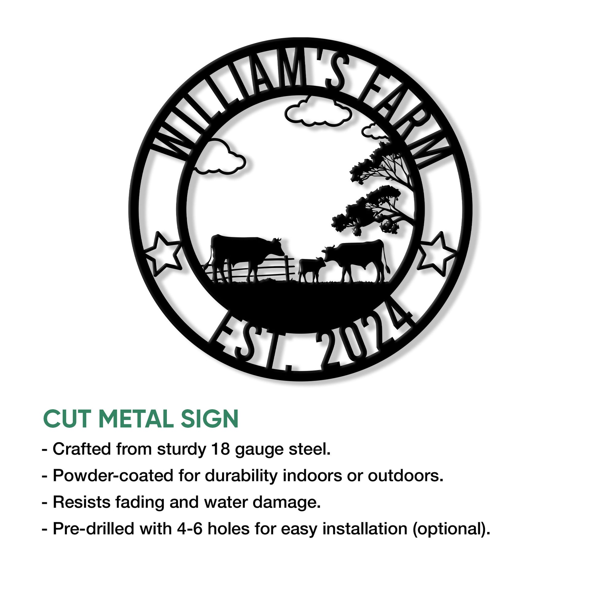 Cow farm cut metal sign shown with product feature details and a circular rural livestock design