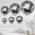 Circular cattle farm metal sign shown in multiple size options on a farmhouse wall