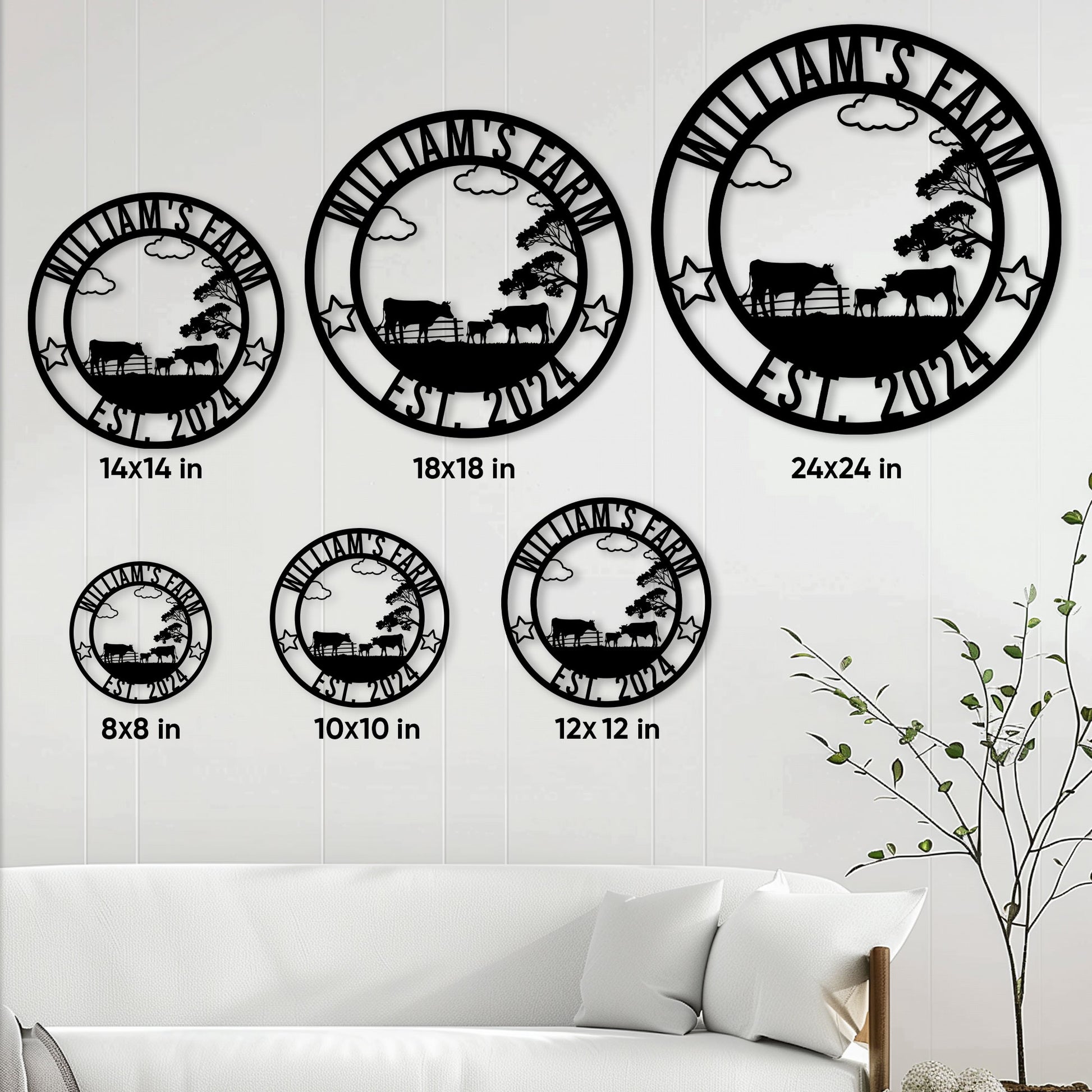 Circular cattle farm metal sign shown in multiple size options on a farmhouse wall