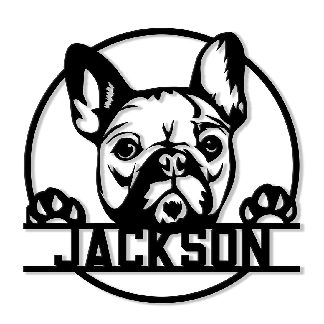 Custom French Bulldog metal sign featuring a bold black-and-white Frenchie portrait with paw accents