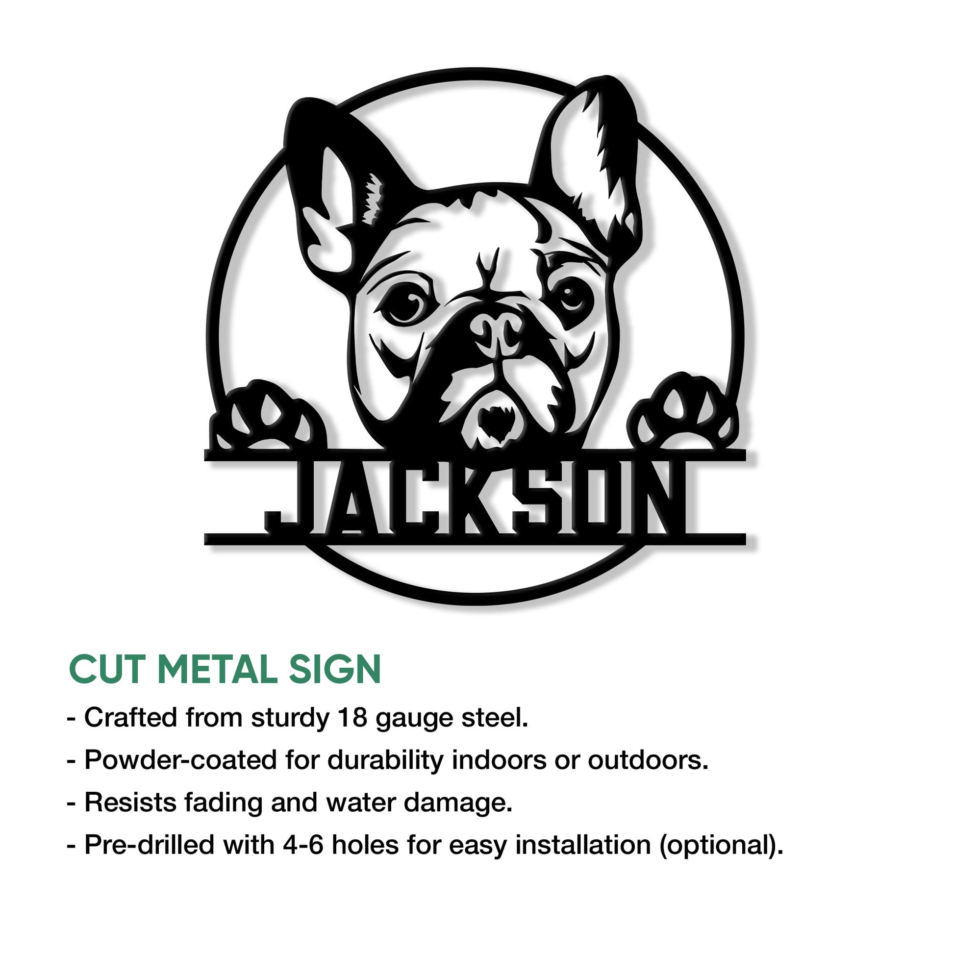 French Bulldog cut metal sign feature graphic showing the portrait design and installation options