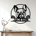 French Bulldog metal wall sign displayed on a bright paneled wall above a rustic console table
