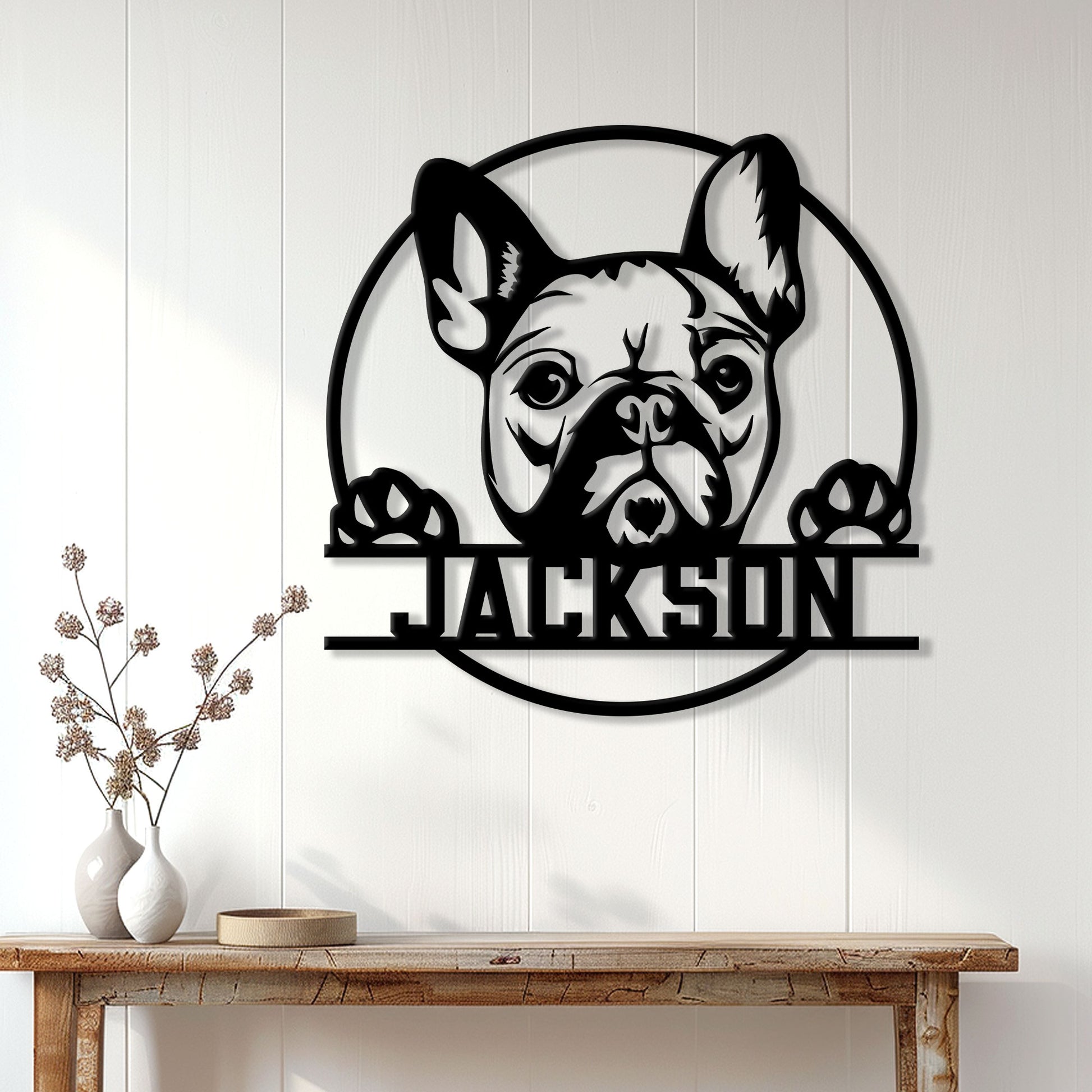 French Bulldog metal wall sign displayed on a bright paneled wall above a rustic console table