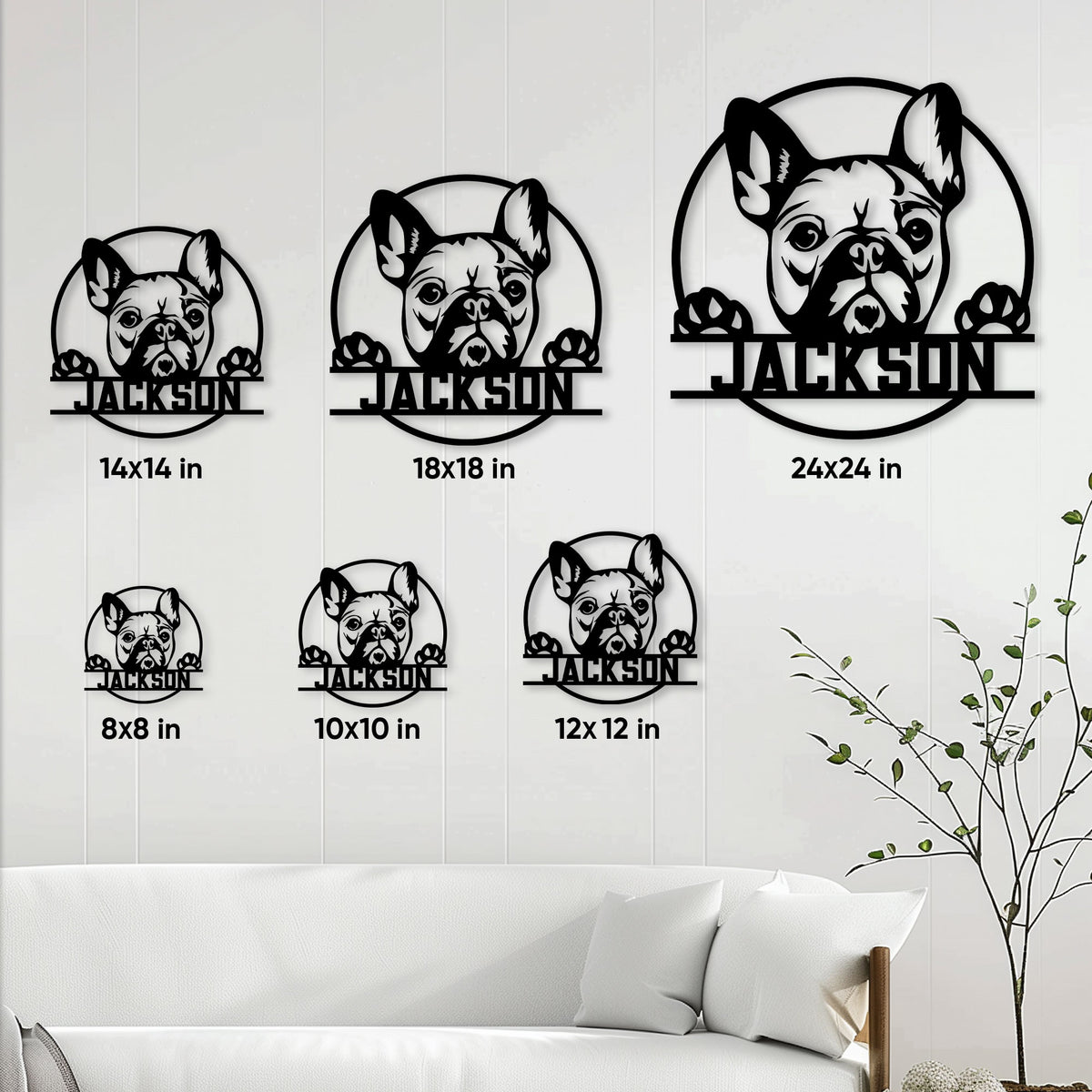 French Bulldog metal sign size guide showing six available square sizes in a living room setting