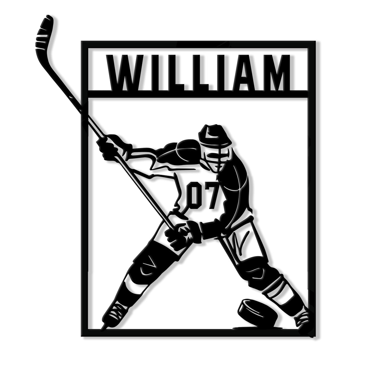 Custom hockey metal sign featuring an ice hockey player taking a shot with stick and puck