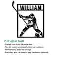Cut metal hockey sign showing a helmeted player in action with a stick, puck, and framed design