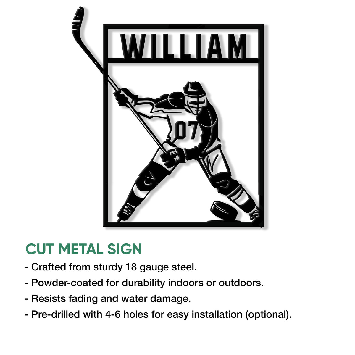 Cut metal hockey sign showing a helmeted player in action with a stick, puck, and framed design