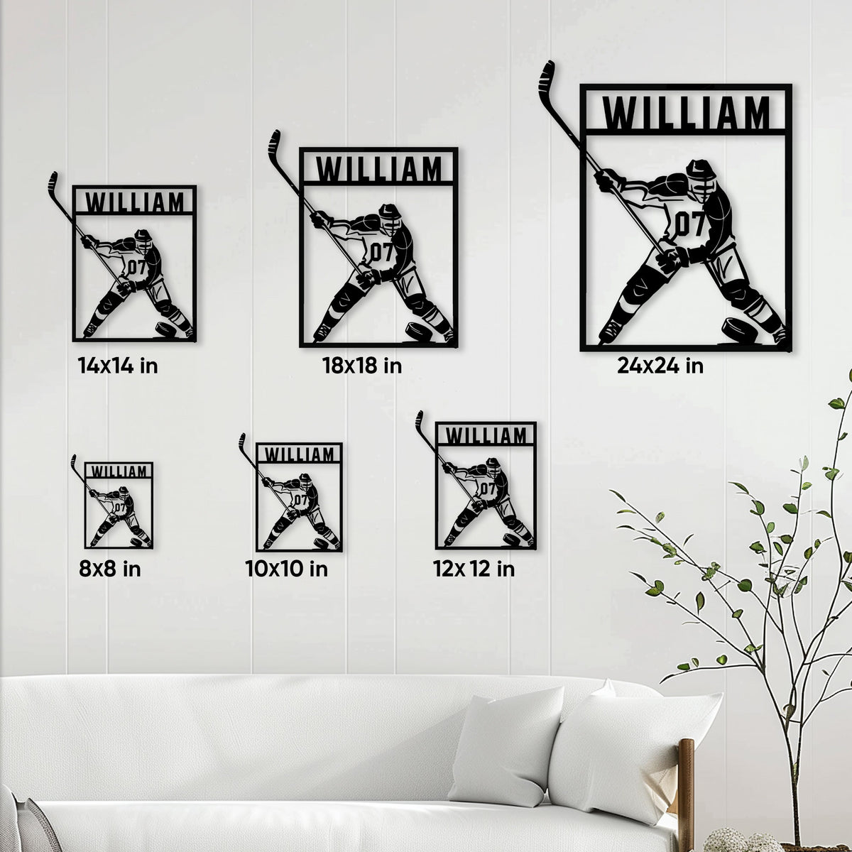 Hockey metal sign size guide showing available square dimensions from 8 by 8 to 24 by 24 inches
