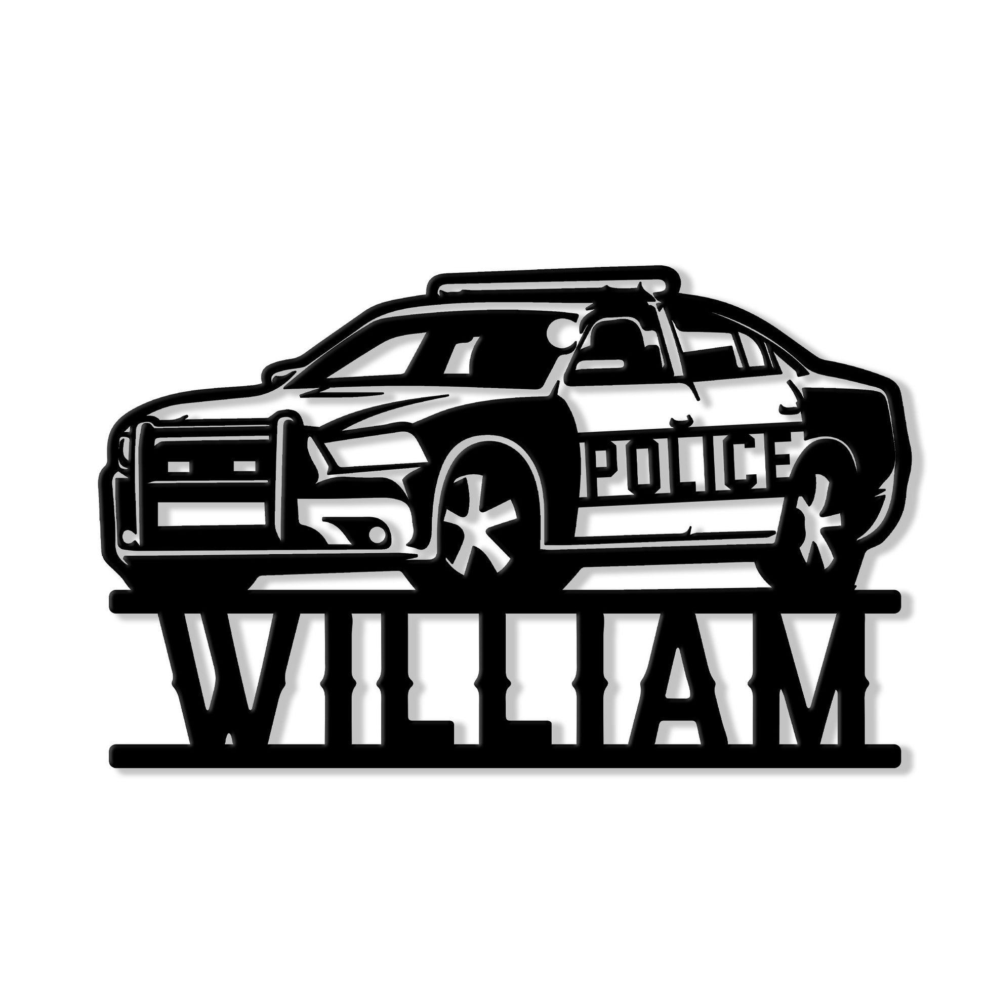 Black cut-metal police car sign with bold law enforcement vehicle silhouette