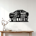 Police car wall sign styled in a bright home interior above a wooden console table