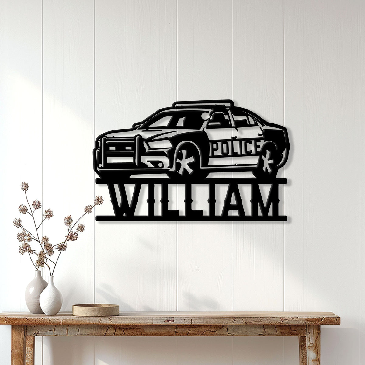 Police car wall sign styled in a bright home interior above a wooden console table