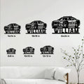Police car metal sign size guide showing six square size options from 8 by 8 to 24 by 24 inches