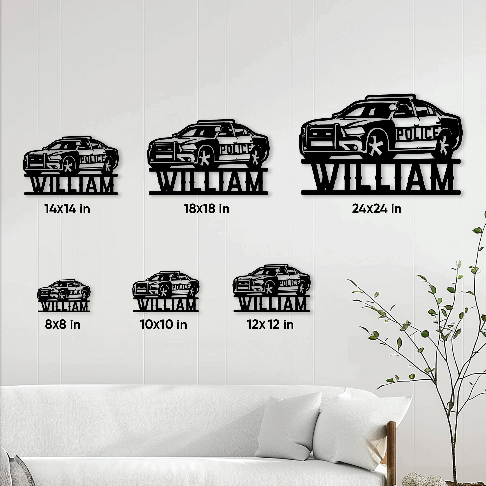 Police car metal sign size guide showing six square size options from 8 by 8 to 24 by 24 inches