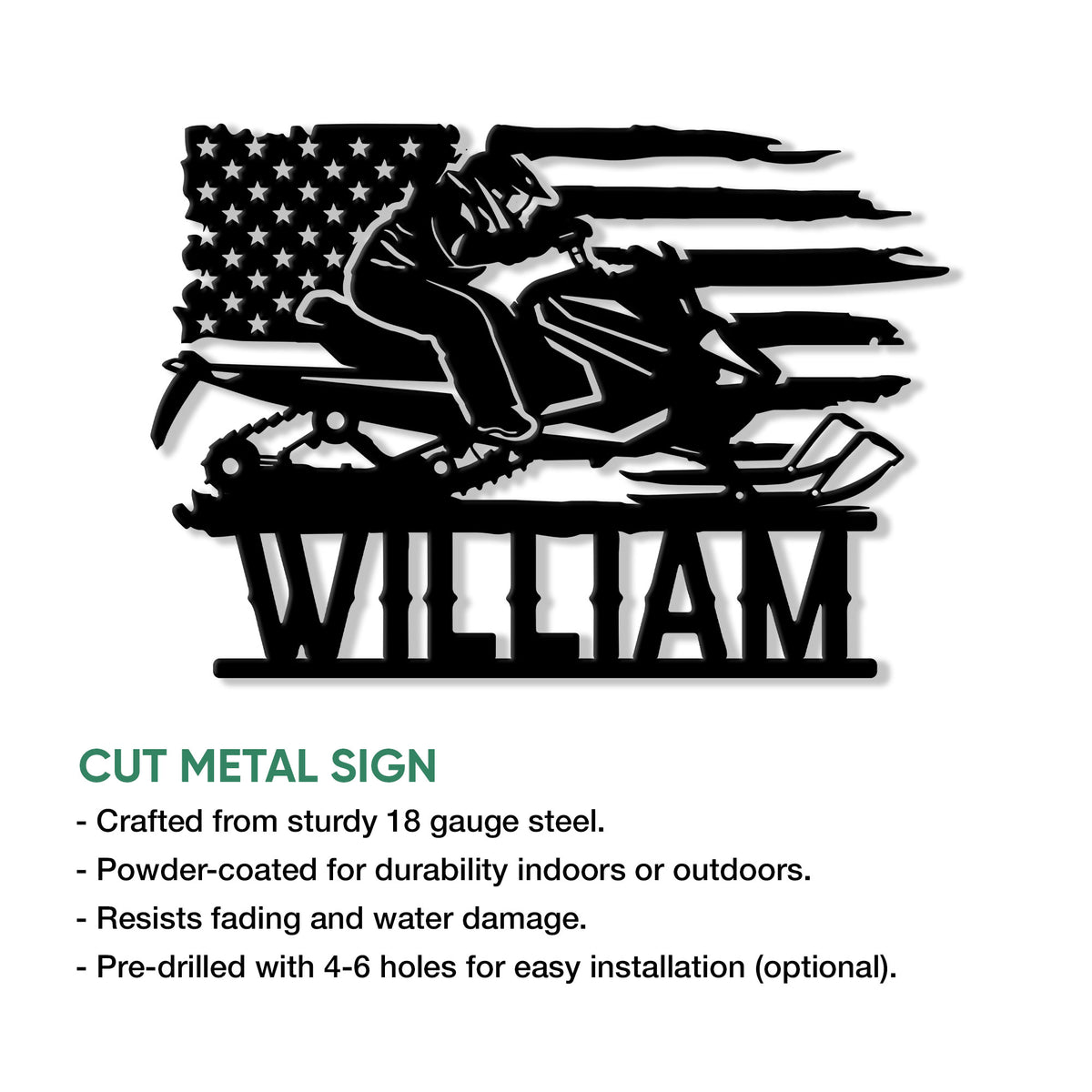 Snowmobile metal sign with patriotic flag artwork shown as a cut metal wall decor piece