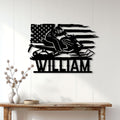 Patriotic snowmobile wall sign displayed above a console table in a bright home interior
