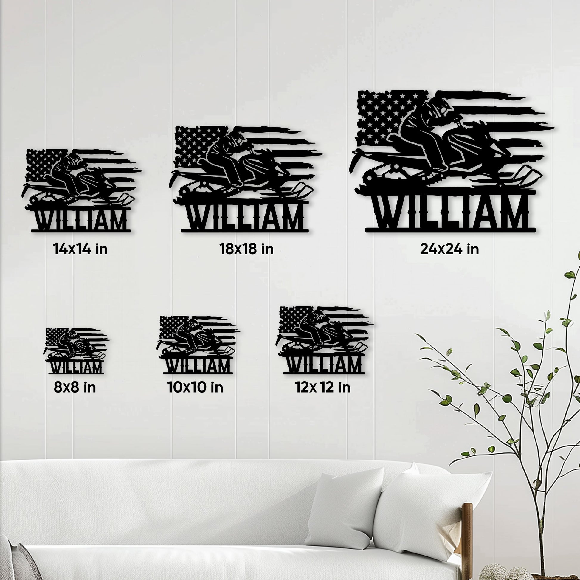 Snowmobile metal sign size guide showing multiple square size options on a wall