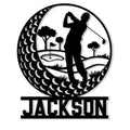 Custom golf metal sign featuring a golfer silhouette, golf ball design, flag, putting green, and course landscape