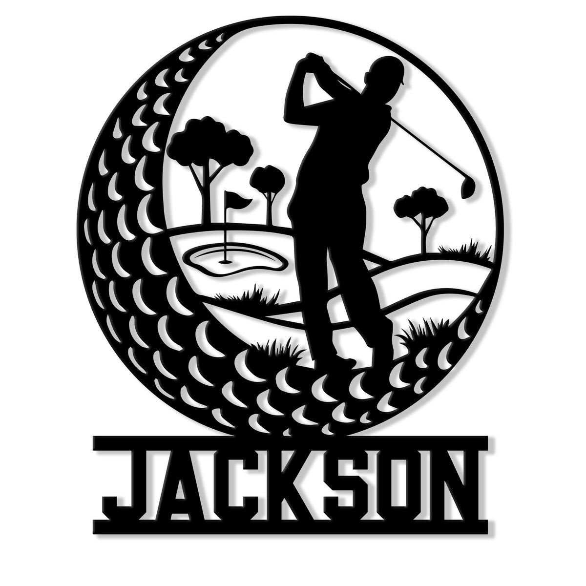 Custom golf metal sign featuring a golfer silhouette, golf ball design, flag, putting green, and course landscape