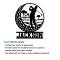 Golf metal sign feature graphic showing a golfer silhouette and circular golf course design with size options