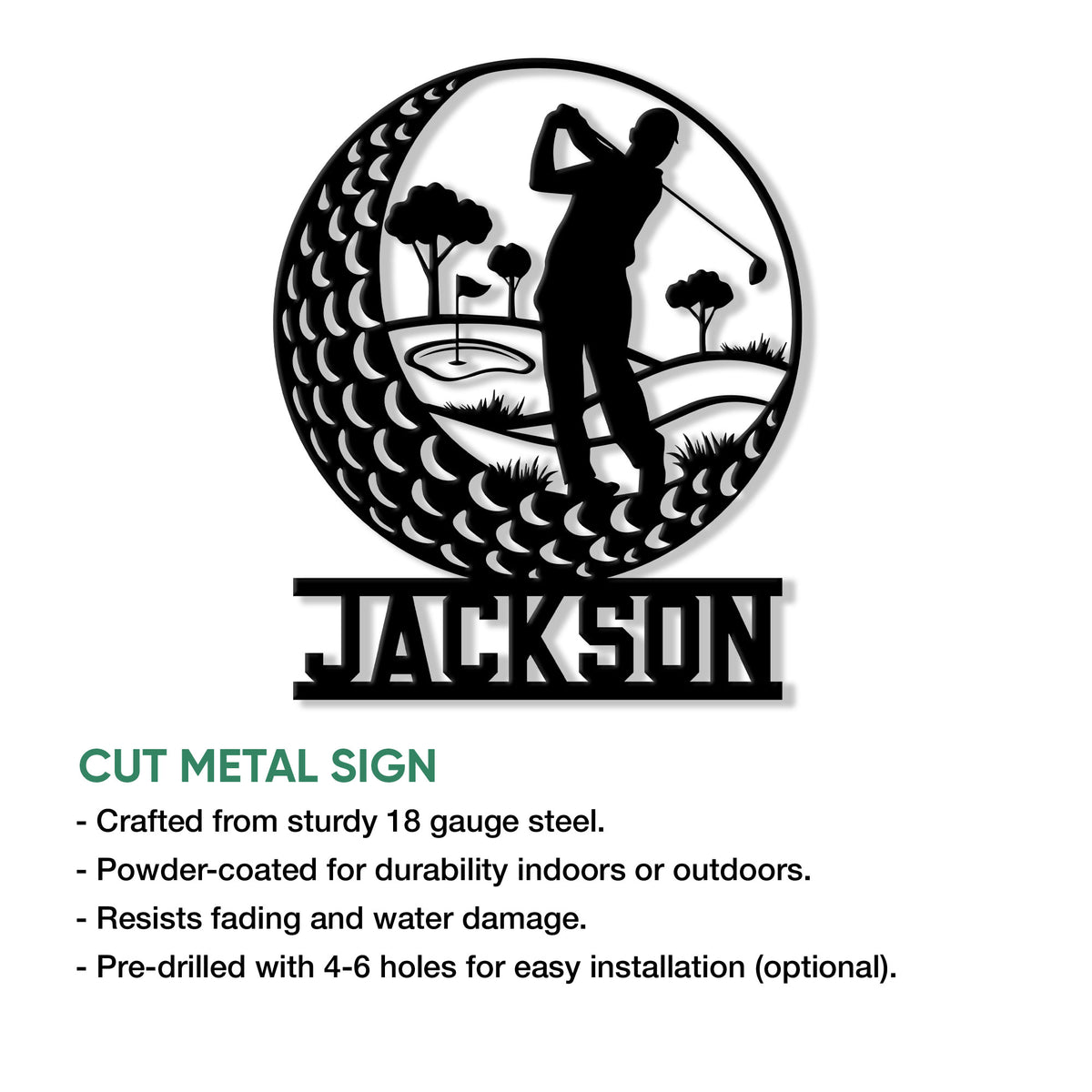 Golf metal sign feature graphic showing a golfer silhouette and circular golf course design with size options