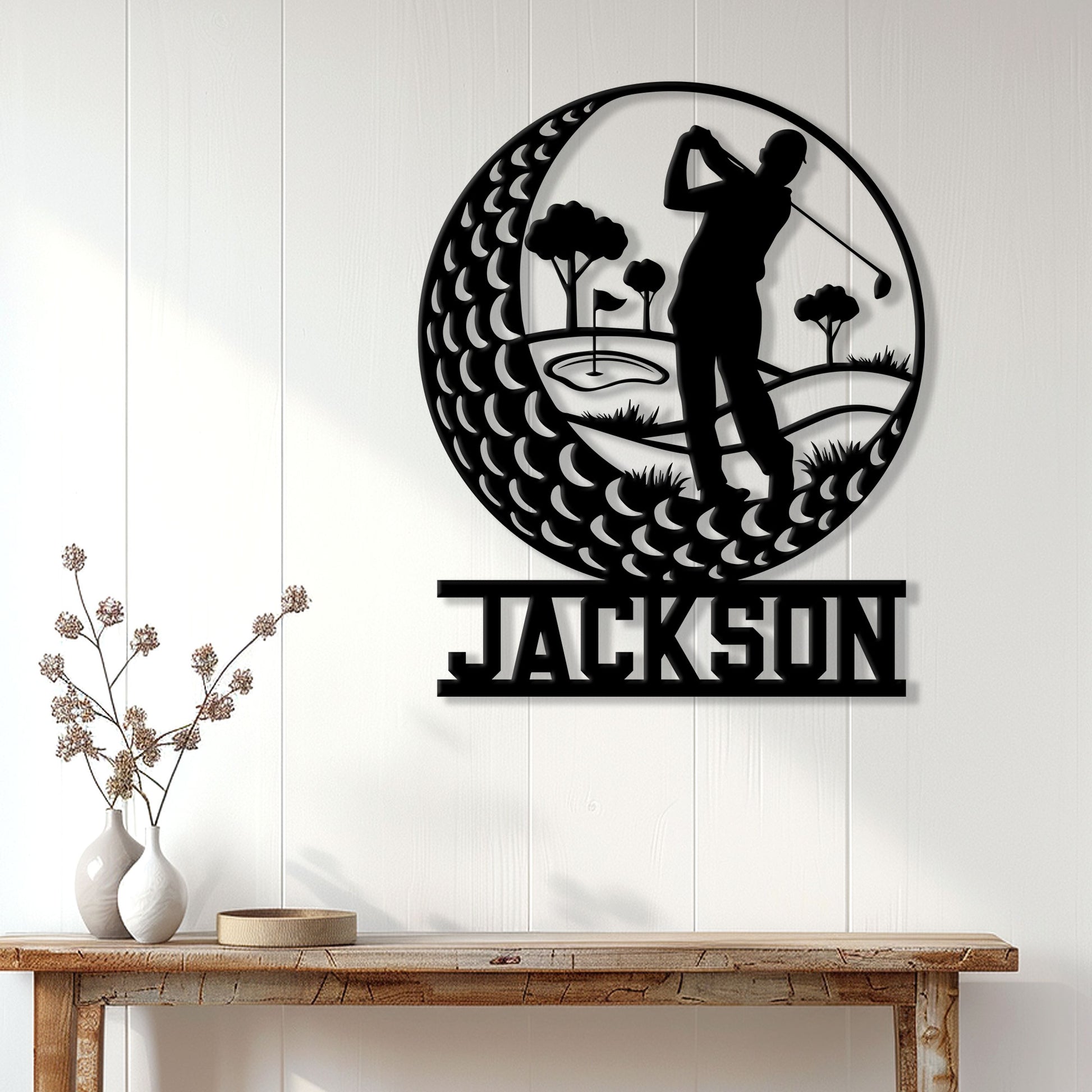 Golf wall decor displayed on a light wood-paneled wall above a console table in a modern home