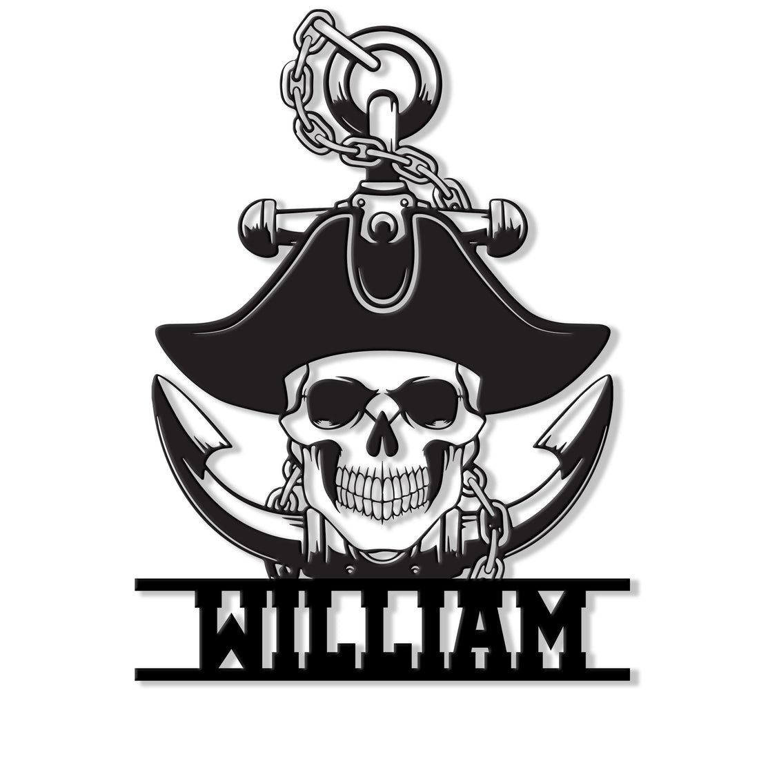 Pirate metal sign featuring a grinning skull in a tricorn hat with an anchor design
