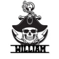 Pirate metal sign featuring a grinning skull in a tricorn hat with an anchor design